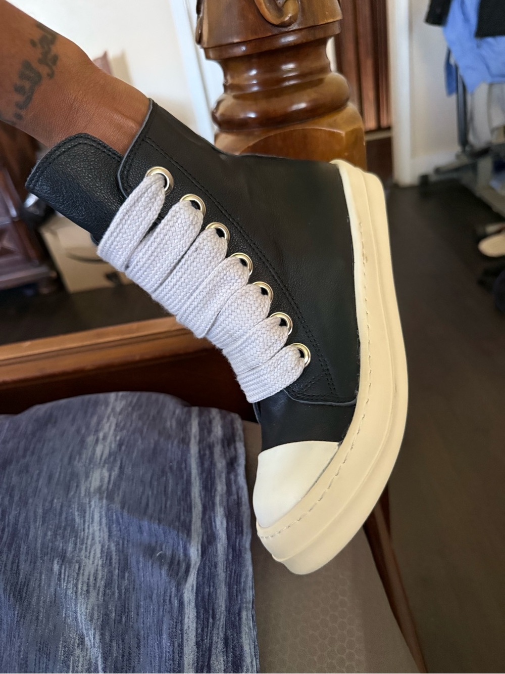 Black High-Top Men's Sneakers with White Laces and Cream Sole